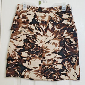 Adrienne Vittadini A Line Short Skirt Linen Brown Floral Layered Side Zip Sz 4